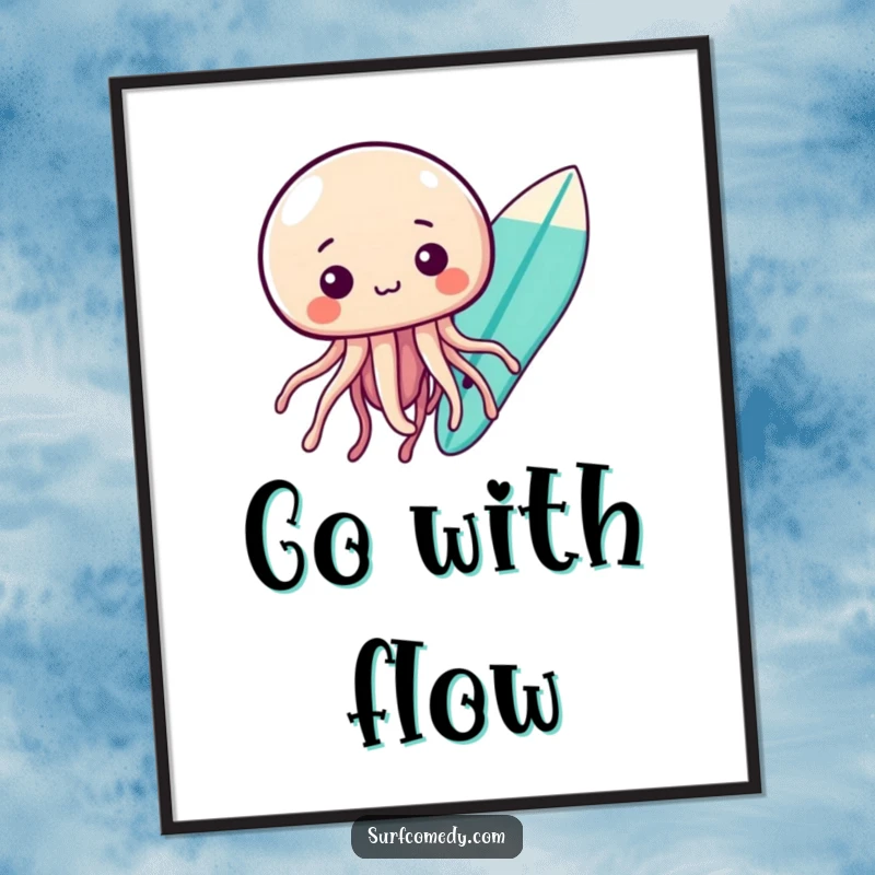 Funny kawaii jellyfish character gazing curiously at a surfboard, whimsical wall art, funny poster.