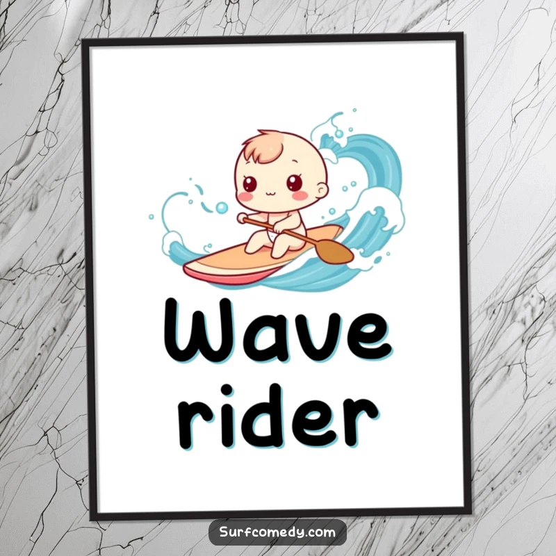 Funny Kawaii character poster art depicting playful paddling through stylized ocean waves, ideal for humorous beach decor gift.