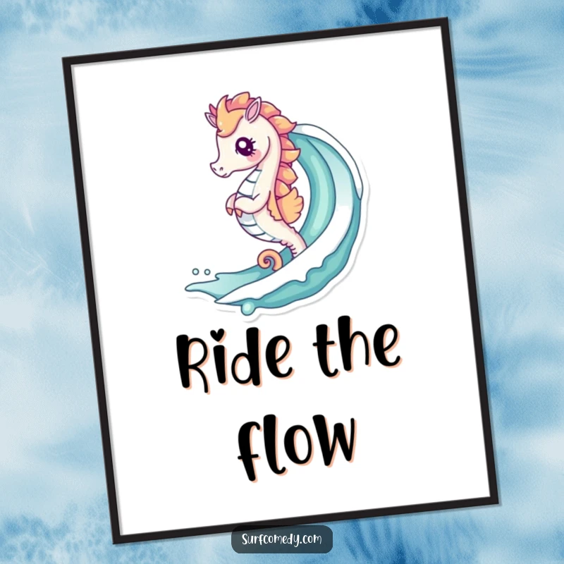 Funny poster print of a cute kawaii seahorse gracefully surfing a vibrant, curling ocean wave, capturing the essence of the sea.