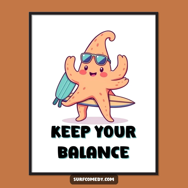 Funny Kawaii Starfish Surfer Art Print, Cute Beach Wall Decor Gift