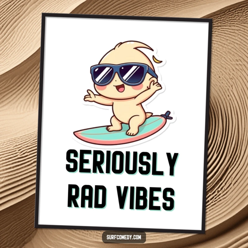 Funny Kawaii poster featuring a character in sunglasses posing on a surfboard, capturing the essence of cool beach life.