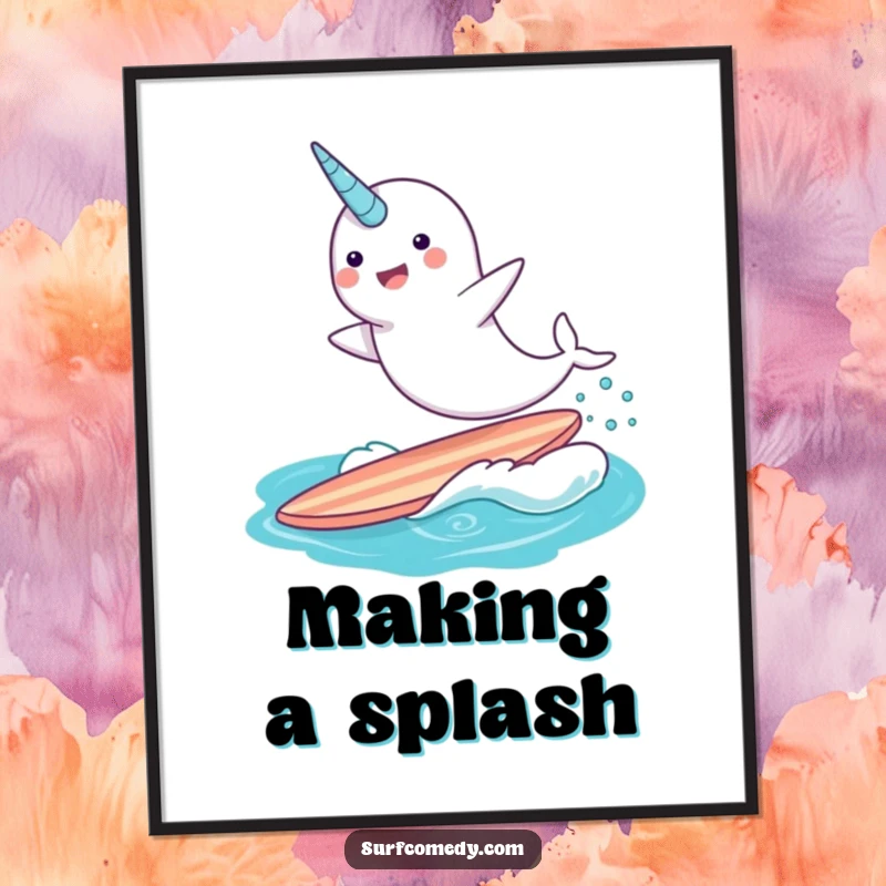 Funny narwhal character surfing a surfboard mid-leap, detailed and whimsical, an enchanting poster for any room.