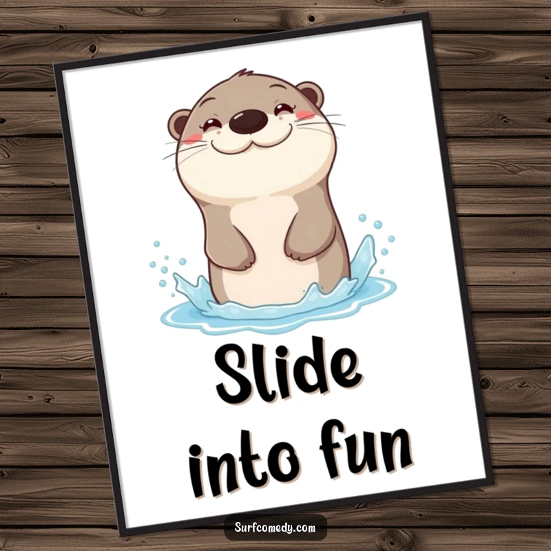 Funny sea otter character with a wide grin, sliding down a water spray, presented as wall art.