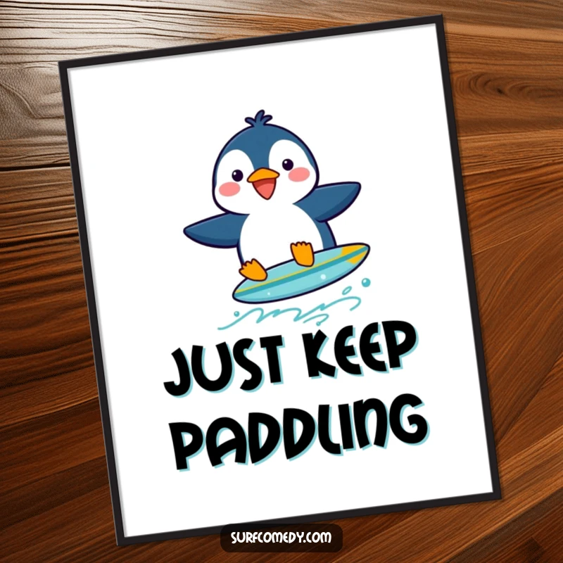 Funny penguin character caught mid-surf on a tiny board, creating a humorous wall art poster.