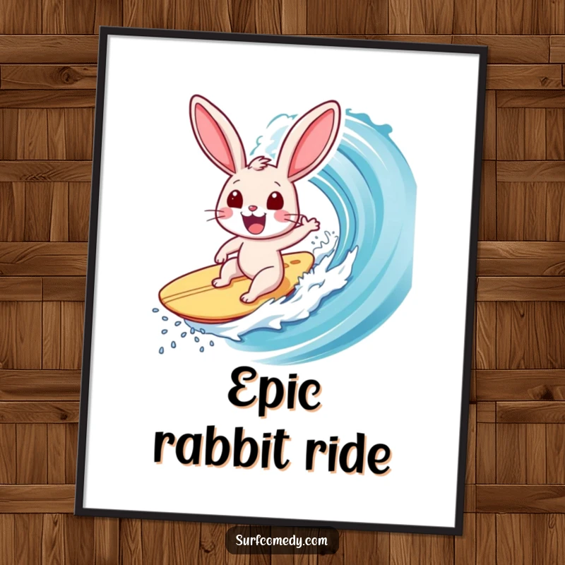 Funny Surfer Rabbit Poster: Depicts an ecstatic rabbit skillfully surfing a colossal wave, bringing vibrant energy and humor to any space.