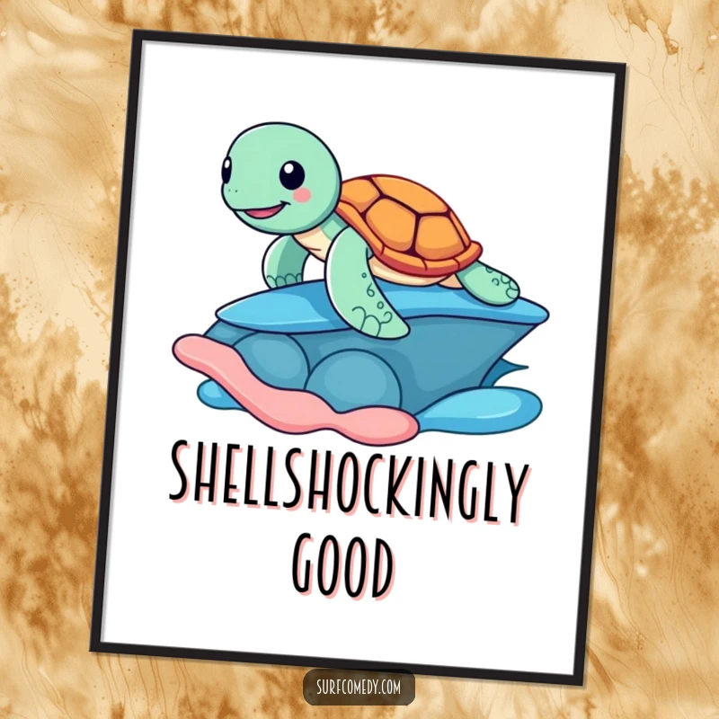 Funny poster art of a cheerful sea turtle surfing a large, colorful shell, embodying beach fun and laid-back, humorous vibes.