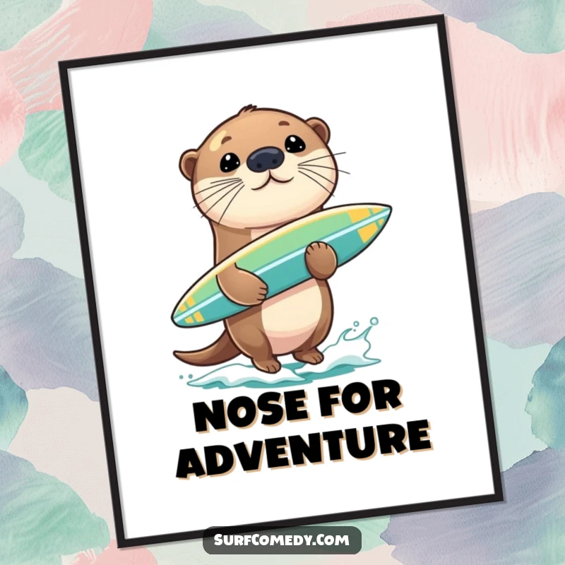 Funny sea otter balancing a surfboard on its nose, rendered in a charming art style for humorous wall decor.