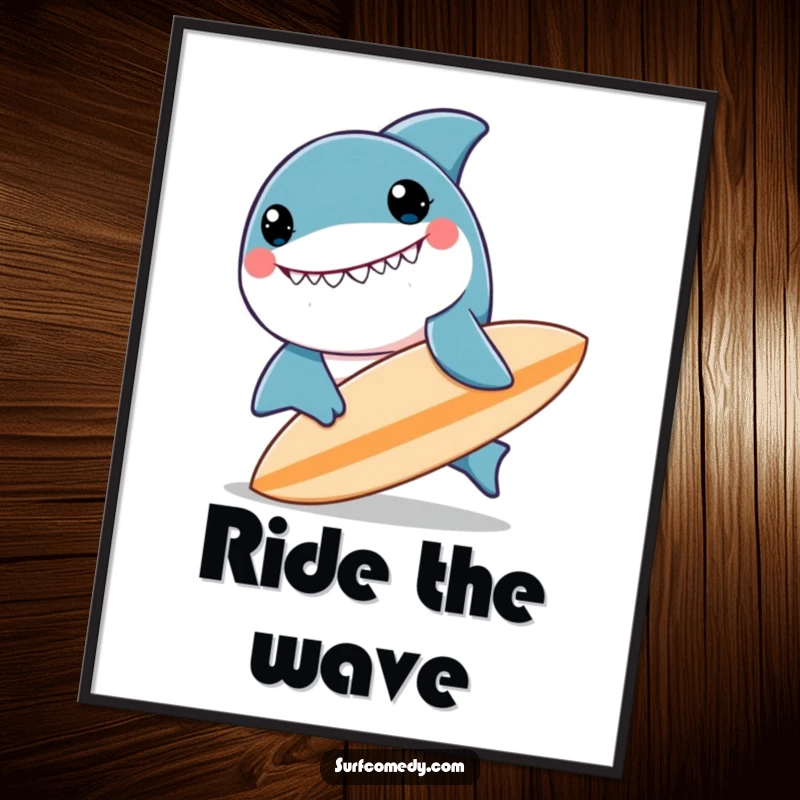 Funny, smiling kawaii shark character playfully nudging a surfboard, vibrant wall art, great funny poster.