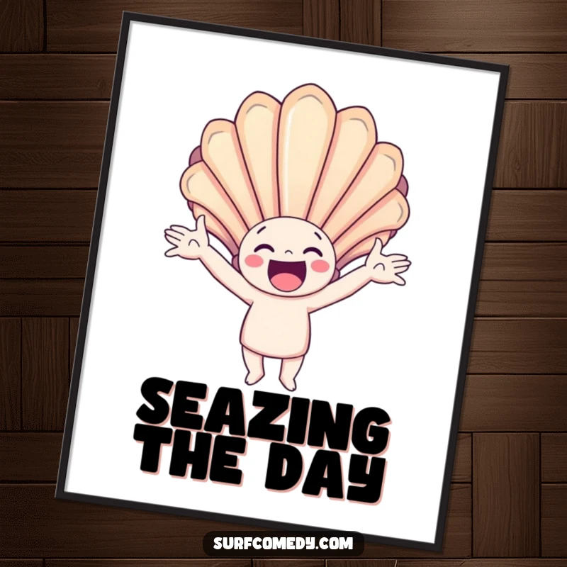 Funny poster of a happy character with arms outstretched, catching a giant, colorful seashell, perfect for beach-themed wall decor.