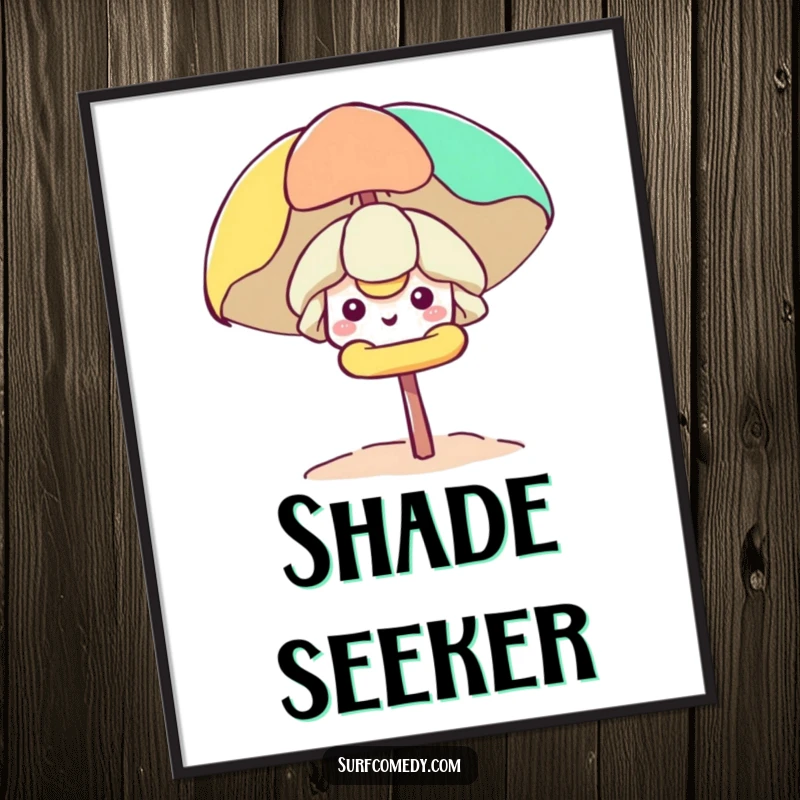 Funny Kawaii character smiling and peeking from behind a beach umbrella, creating joyful and humorous wall art.