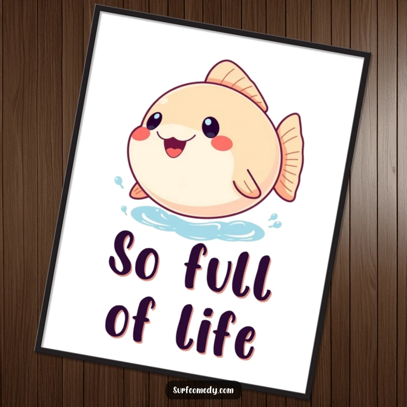 Funny poster art of a playful, inflated pufferfish joyfully bobbing on the water, adding a touch of aquatic happiness to any space.