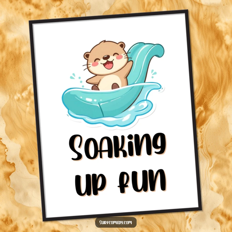 Funny otter character enjoying a thrilling ride down a water slide, presented as a poster.
