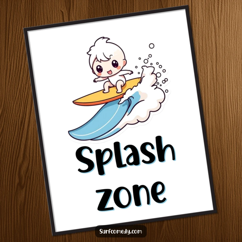 Funny Kawaii character poster art depicting a comical surfboard wipeout with a splash, ideal for humorous beach decor gift.