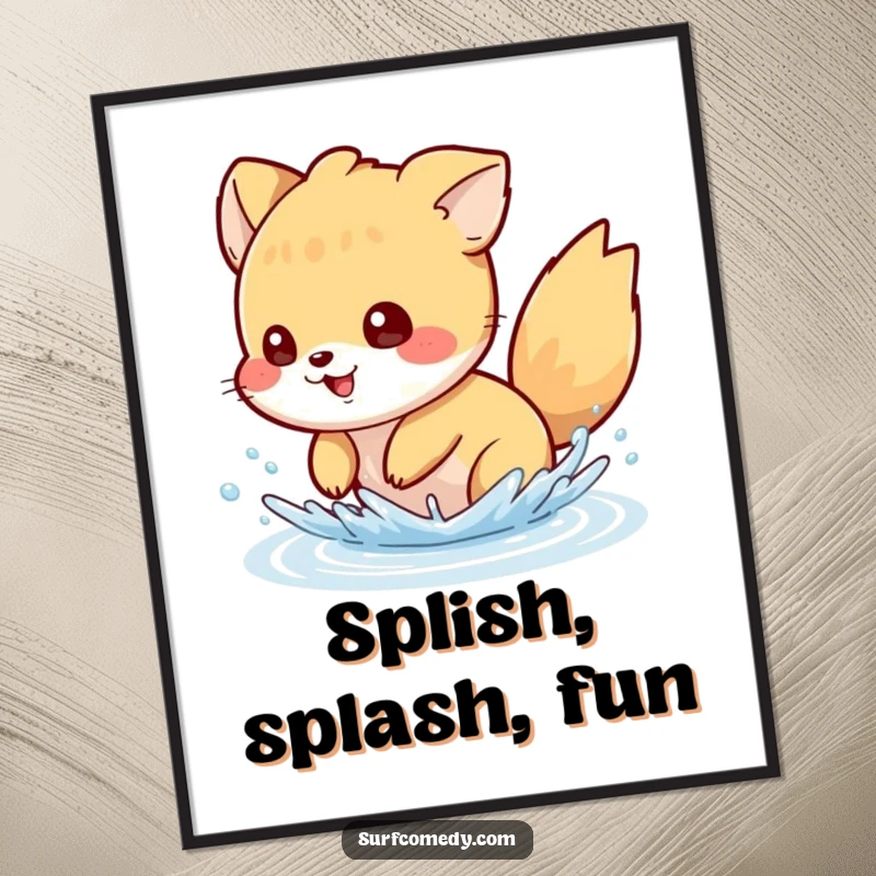 Funny poster artwork of a mischievous animal character playfully splashing water with its tail, capturing a moment of pure fun.
