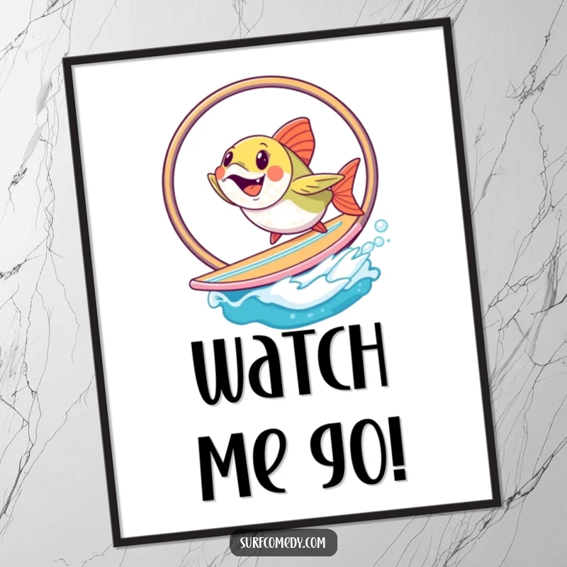 Funny fish performing an acrobatic hoop jump on a surfboard, humorous wall art for enthusiasts. Perfect funny gift.