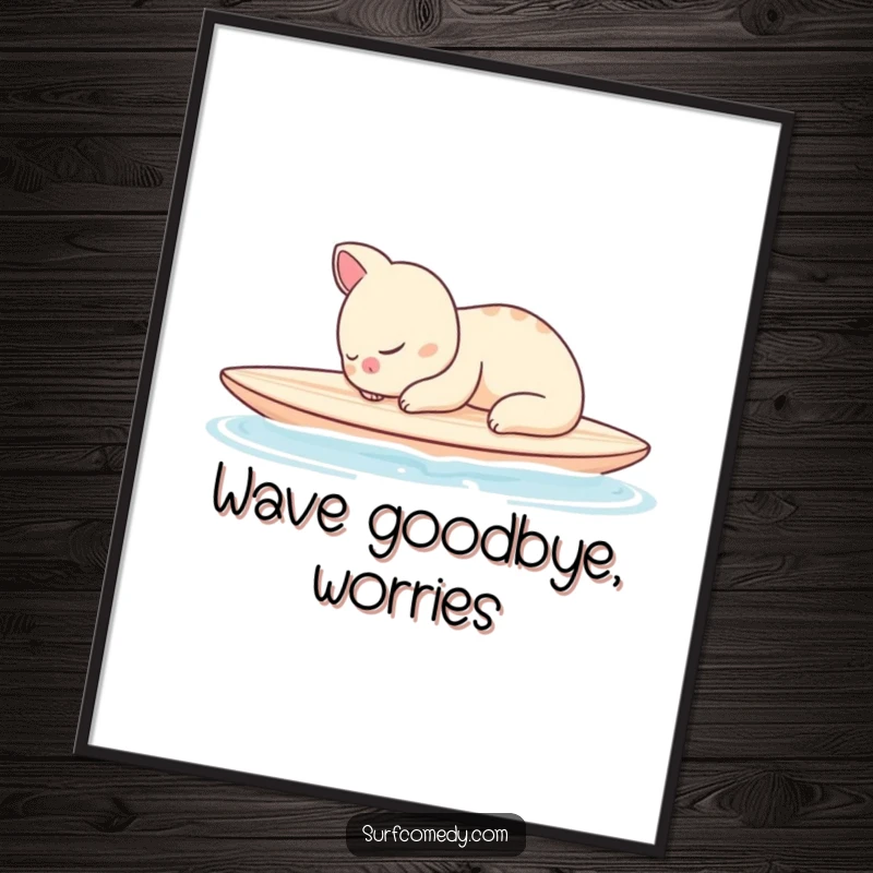 Funny poster artwork of a sleepy animal character peacefully napping on a surfboard in calm, serene ocean waters.