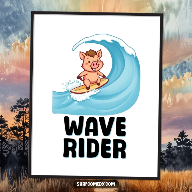 Funny Surfer Boar Poster: A joyful boar character surfing a magnificent wave with a huge, happy smile.