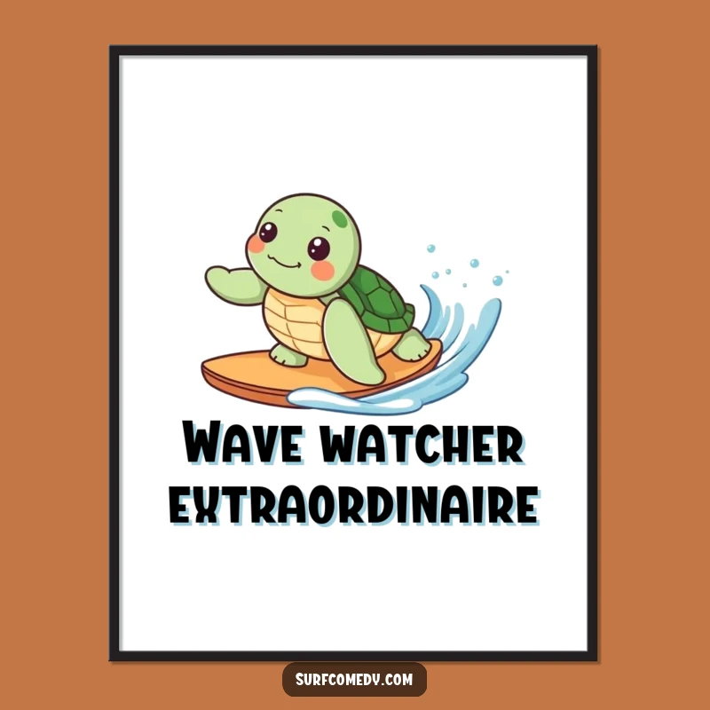 Funny Kawaii Turtle Surfing Art Print, Cute Ocean Wall Decor Gift