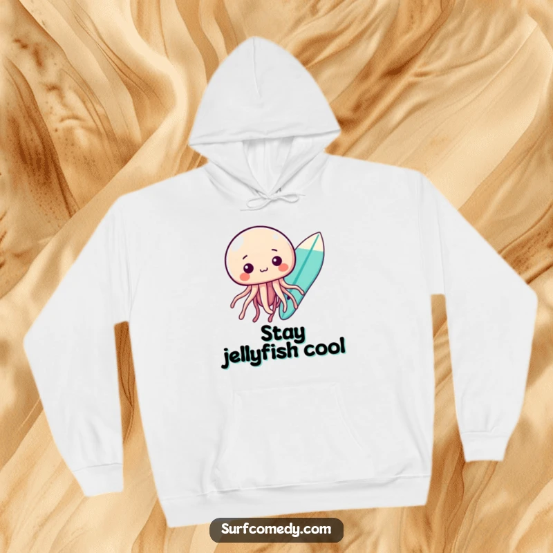 Funny kawaii jellyfish character looking curiously at a surfboard, cozy and humorous funny hoodie.