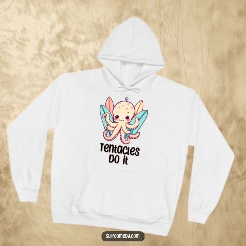 Funny kawaii octopus character holding multiple surfboards with numerous tentacles, cozy funny hoodie.