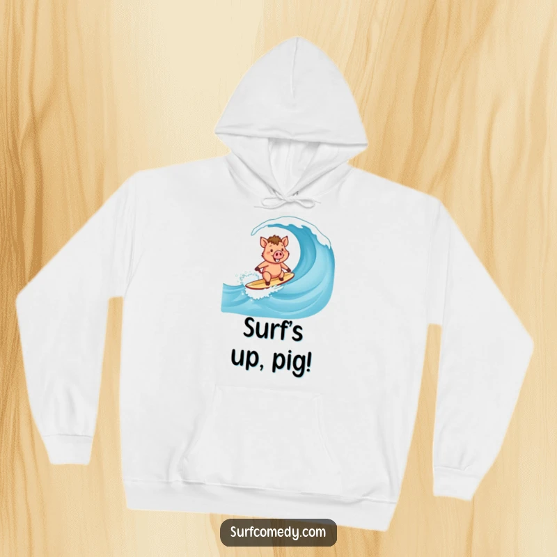Funny Surfer Boar Hoodie: A happy boar character surfing a big wave with a wide, joyful smile.