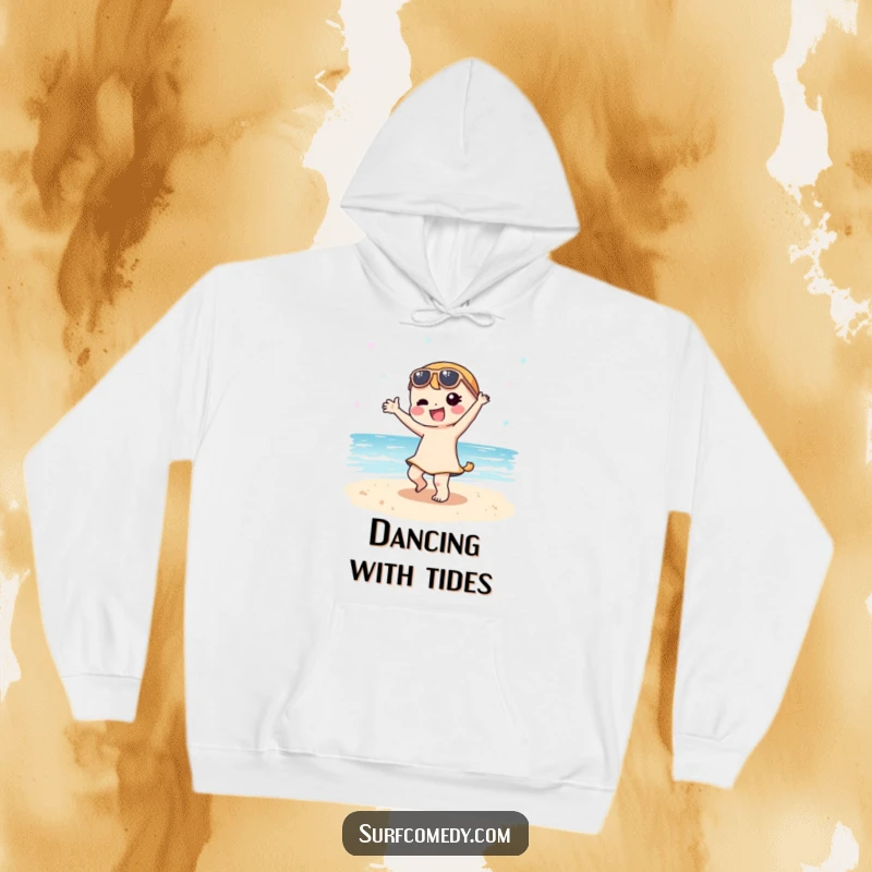 Funny Kawaii character doing a silly dance on a sandy beach, featured on a warm and humorous hoodie.