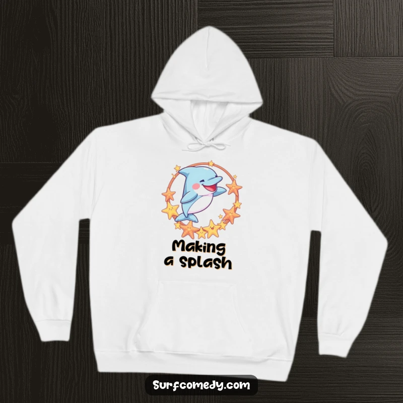 Funny hoodie depicting a goofy dolphin effortlessly jumping through a hoop of sea stars, capturing the excitement and playfulness of marine life.