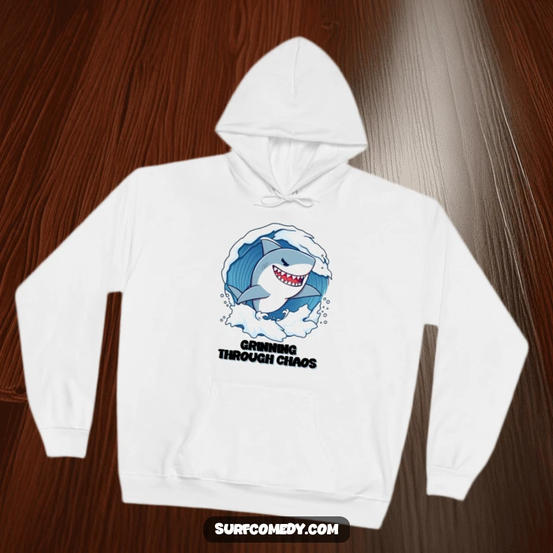 Funny determined shark character fiercely carving through a wave with a confident grin, providing warmth and oceanic power.