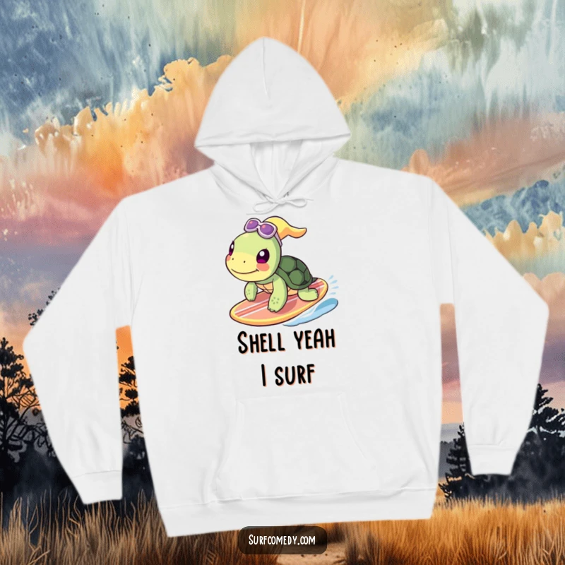 Funny turtle character in a hoodie, surfing a surfboard with a smile, showcasing a relaxed and joyful vibe.