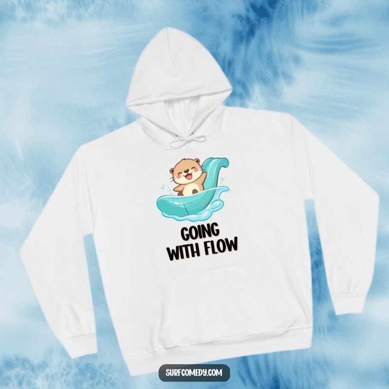 Funny otter character having a blast on a water slide, depicted on a cozy hoodie.