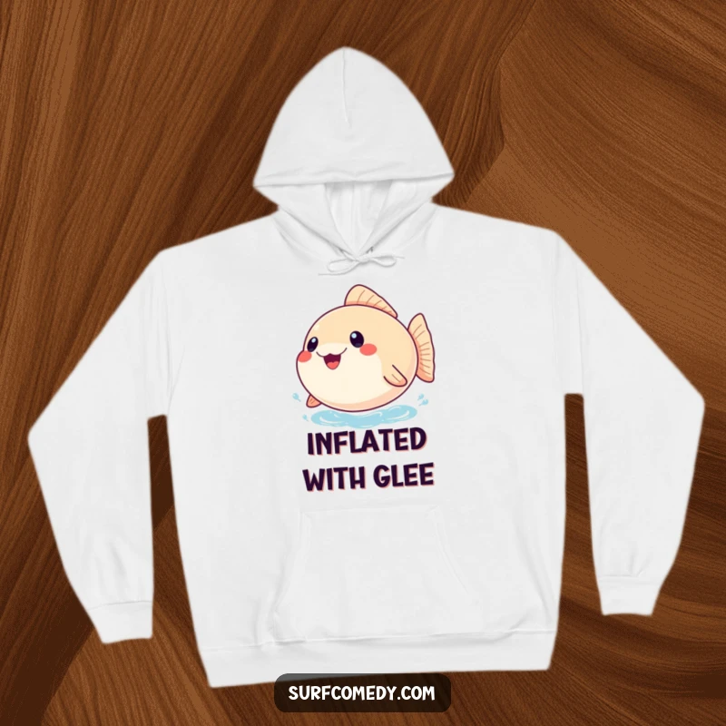 Funny hoodie featuring a playful, inflated pufferfish character joyfully bobbing on the water, designed to bring warmth and happiness.