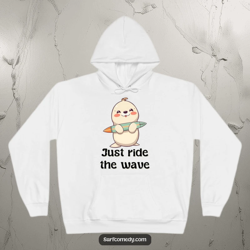 Cozy funny hoodie featuring a smiling seal character skillfully balancing a surfboard on its nose.