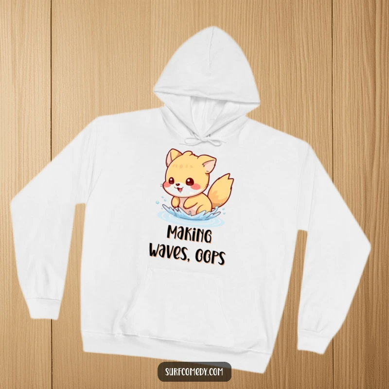 Funny hoodie showing a mischievous animal character splashing water with its tail, offering cozy fun and good humor.