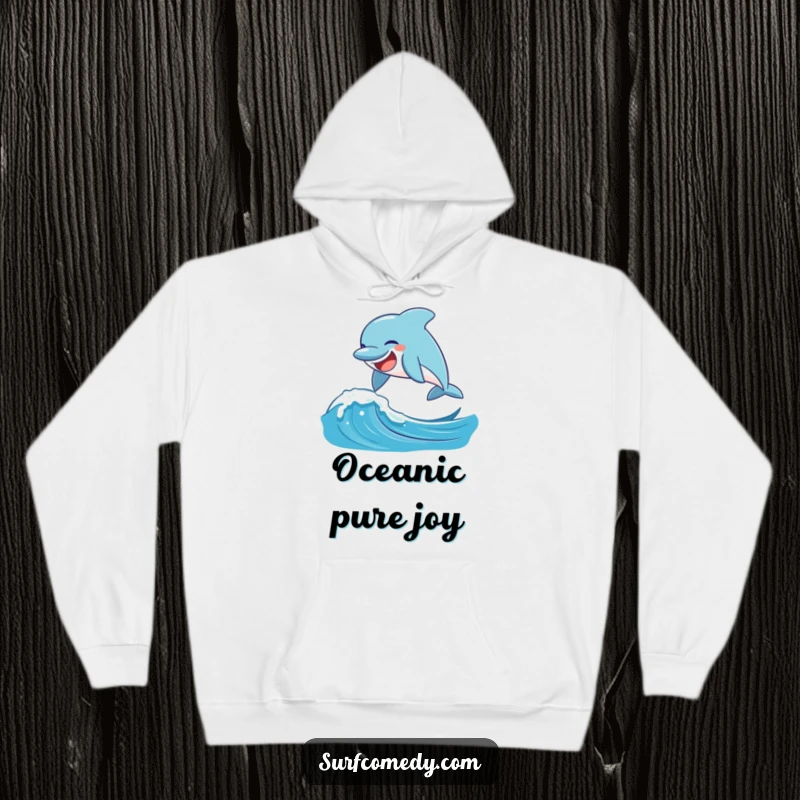Funny laughing dolphin leaping over a playful ocean wave, depicted on a warm and cozy hoodie.