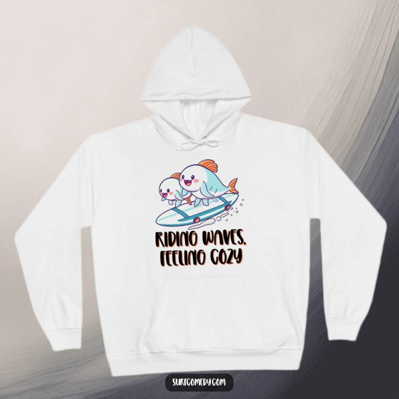 Funny kawaii fish characters catching waves on a surfboard, embodying a playful and hilarious spirit. Ideal funny hoodie gift.