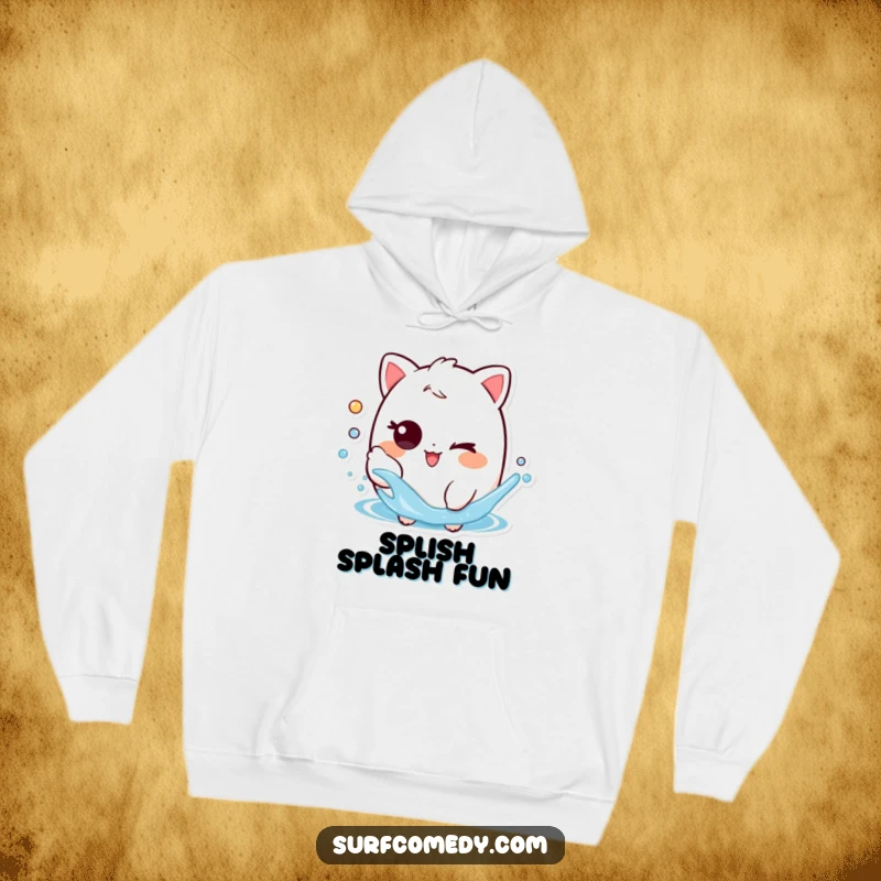 Funny hoodie showing a playful character's mischievous wink as it splashes water, perfect for cozy and fun wear.