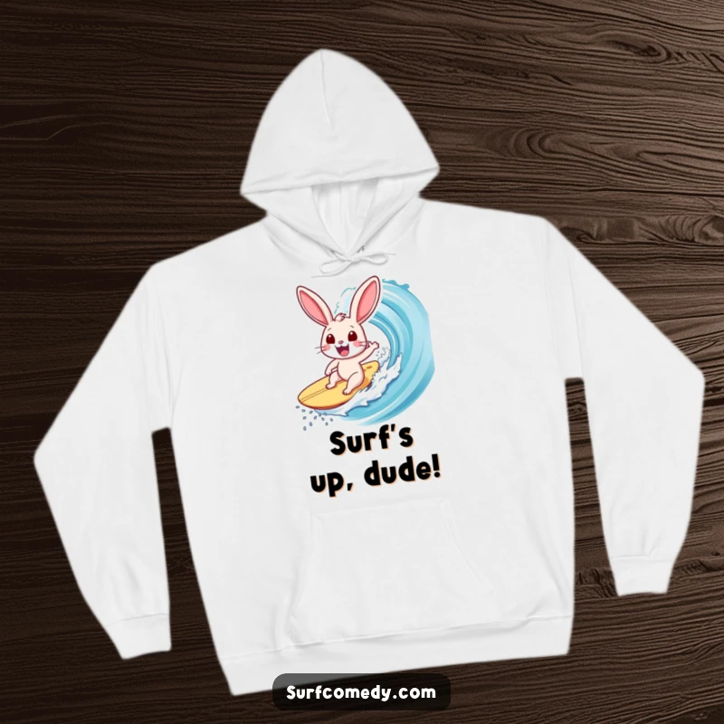 Funny Surfer Rabbit Hoodie: Cozy hoodie featuring a joyful rabbit expertly surfing a giant wave with ecstatic expression, a funny present.