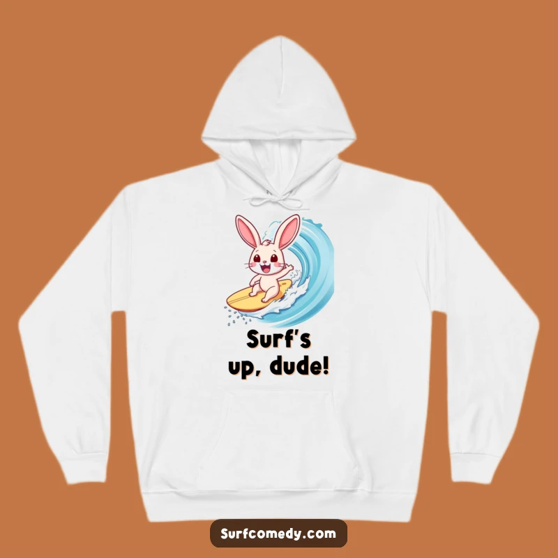Funny Surfer Rabbit Hoodie: Exhilarated Bunny on Big Wave - Cozy Funny Gift!