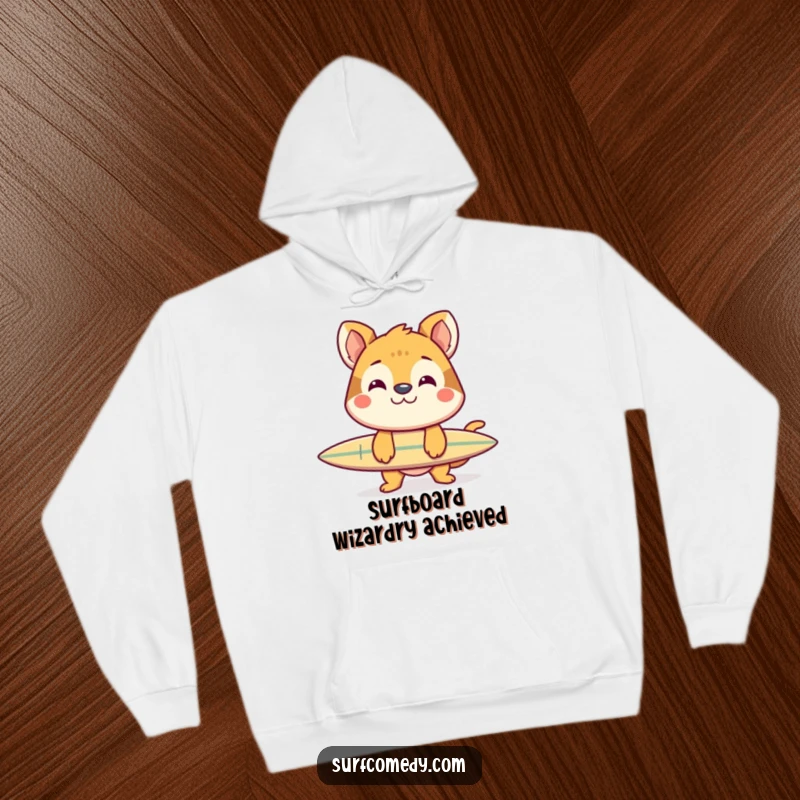 Funny hoodie featuring a cheerful animal with a wide grin, perfectly balancing a surfboard on its nose, symbolizing fun and skill.