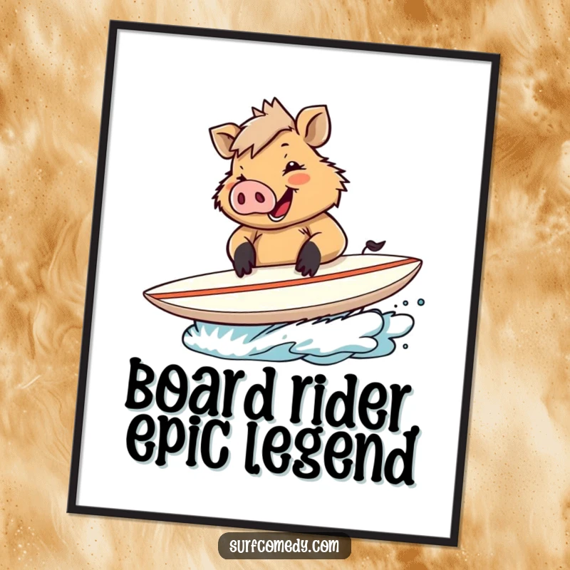 Funny Free Printable Wall Art: Happy boar surfer signing autographs on a surfboard, surrounded by admirer.