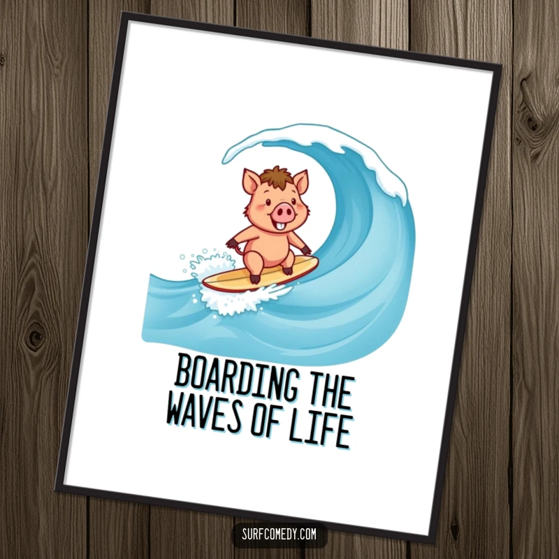 Funny Free Printable Wall Art: Small happy surfer boar riding a curling wave with a big smile, joyful surfer, downloadable art.
