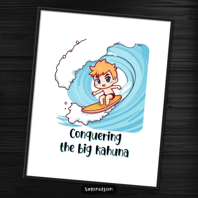 Funny Free Printable Wall Art: A Kawaii character with determination surfs a massive, awe-inspiring ocean wave.