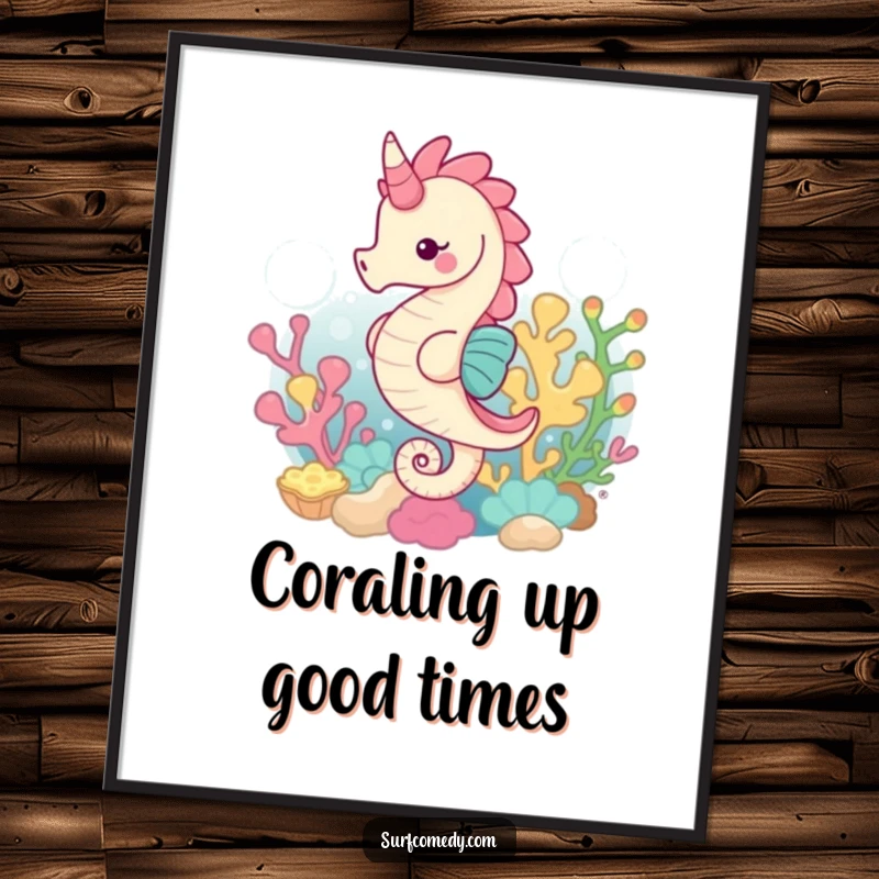 Funny Free Printable Wall Art, a happy kawaii seahorse elegantly swimming through a detailed coral reef, beautiful downloadable art.