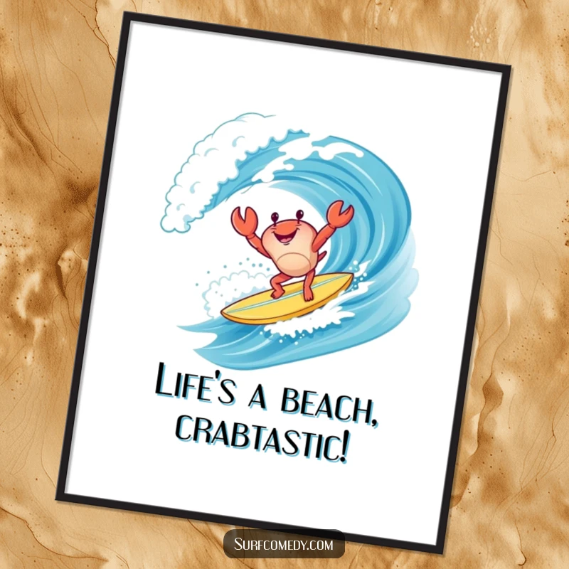 Funny Free Printable Wall Art: Crab performing a handstand on a surfboard, an athletic and humorous beach scene.