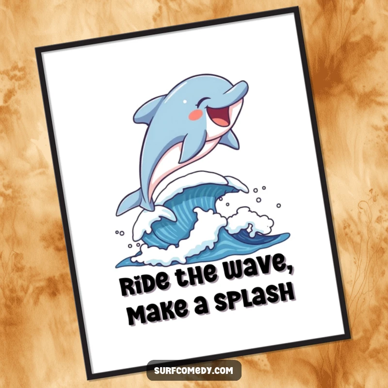 Funny free printable wall art of a laughing dolphin energetically leaping over a dynamic, playful blue wave.