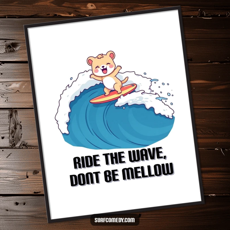 Funny Free Printable Wall Art of a happy animal character gleefully surfs a large wave, embodying adventure and fun.