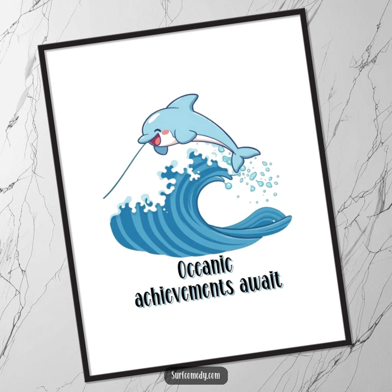 Funny Free Printable Wall Art depicting a joyful dolphin gracefully leaping over a stylized wave, embodying pure happiness and freedom.