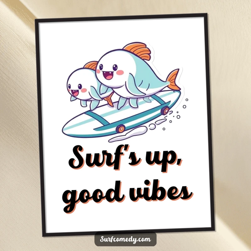 Funny Free Printable Wall Art: A crew of happy kawaii fish expertly surfing a large surfboard, creating a vibrant, aquatic scene.