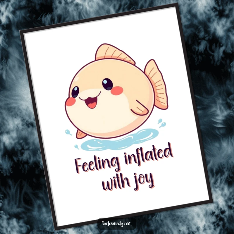 Funny Free Printable Wall Art displaying a round, inflated pufferfish character bobbing gleefully on the water.