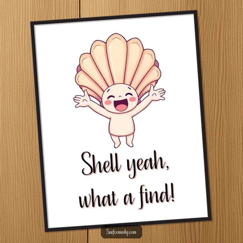 Funny Free Printable Wall Art: Happy character catches giant colorful seashell, bringing coastal charm.